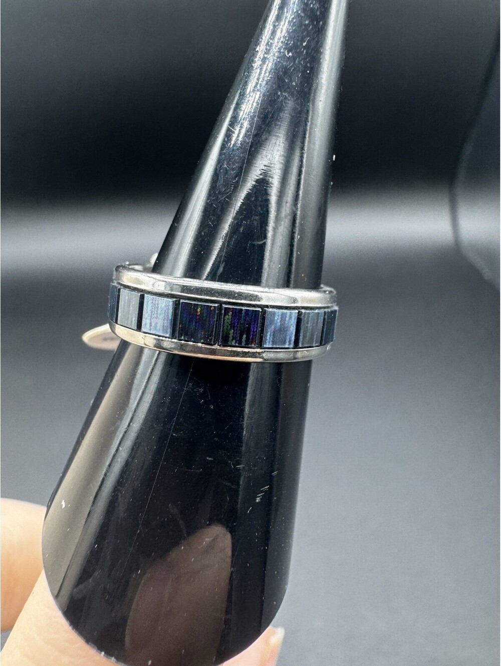 Stainless Steel Black Holographic Inlay Band Ring Unisex Rainbow Reflective SZ-8